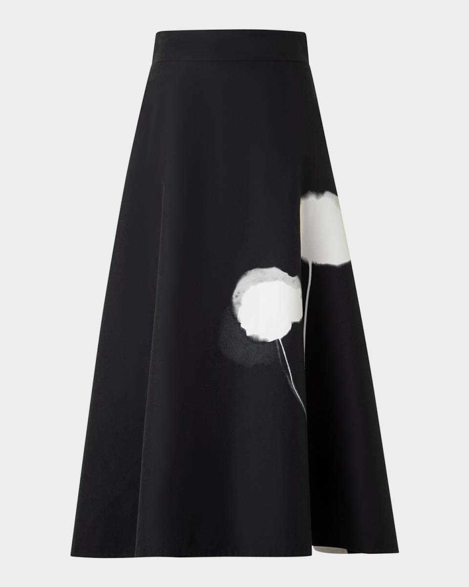 Windflower-Print Cotton Silk A-Line Midi Skirt